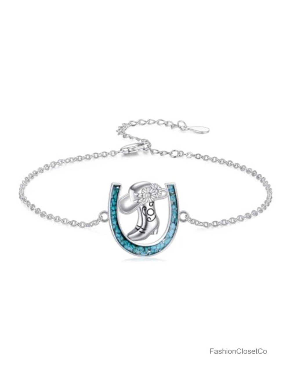 925 Sterling Silver Turquoise Horseshoe Cowgirl Boot Charm Bracelet